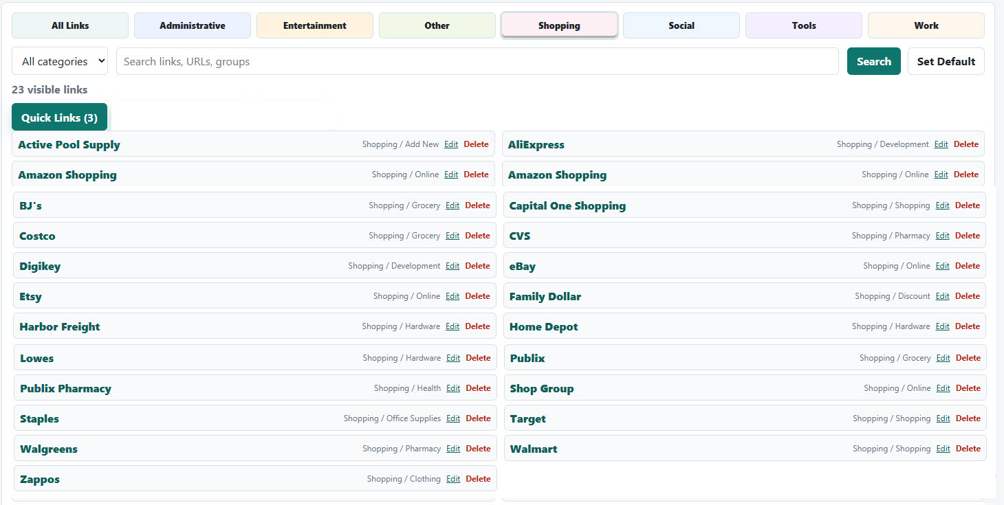 MyFavoriteLinks Shopping view showing view buttons, category and search controls, the Quick Links group, and organized saved shopping links